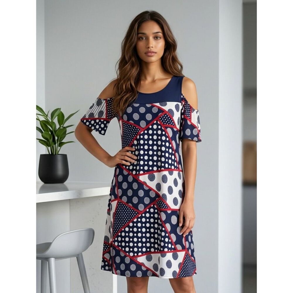 Naif Patriotic Patchwork Dress Medium Red White Blue Cold Shoulder Americana